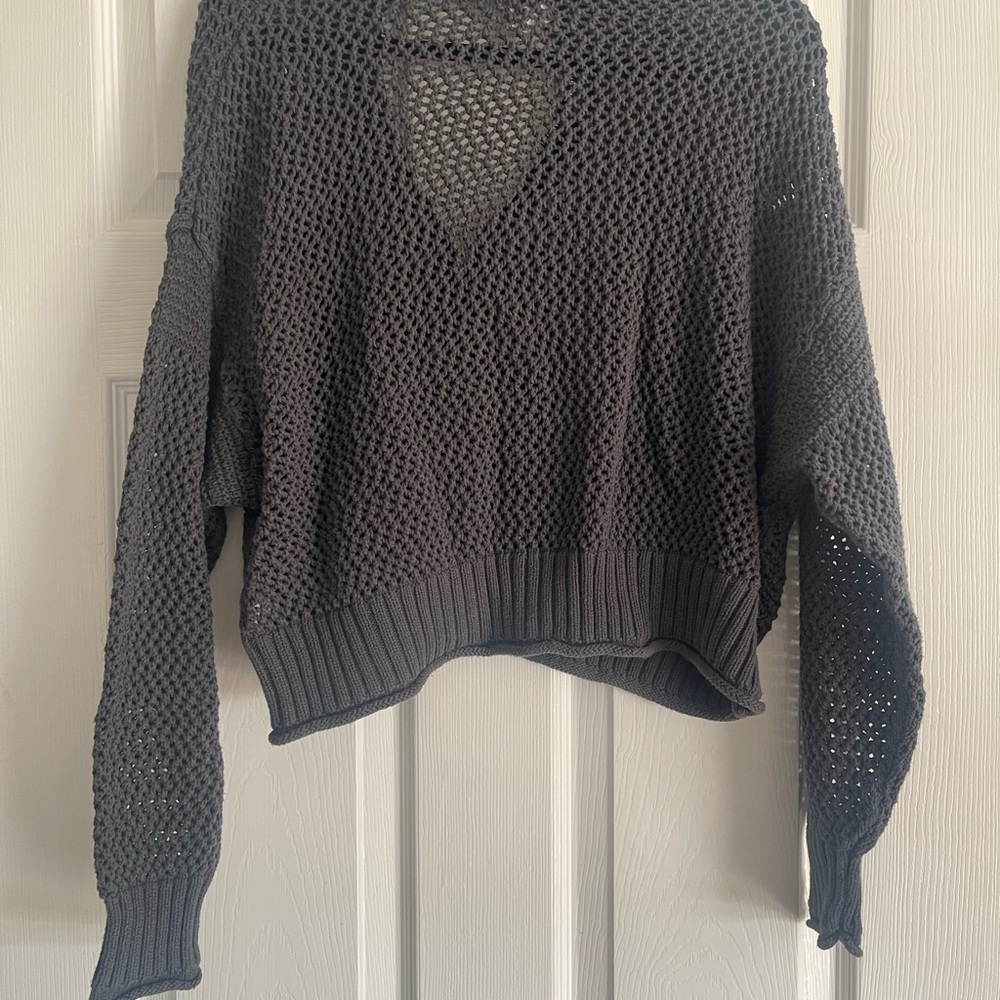aerie Black Open-Knit Cropped Half-Zip Sweater charcoal gray - Picture 4 of 4